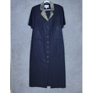 Lois Snyder Dani Max Button Up Maxi Dress Womens Sz 16 Black Animal Print Collar